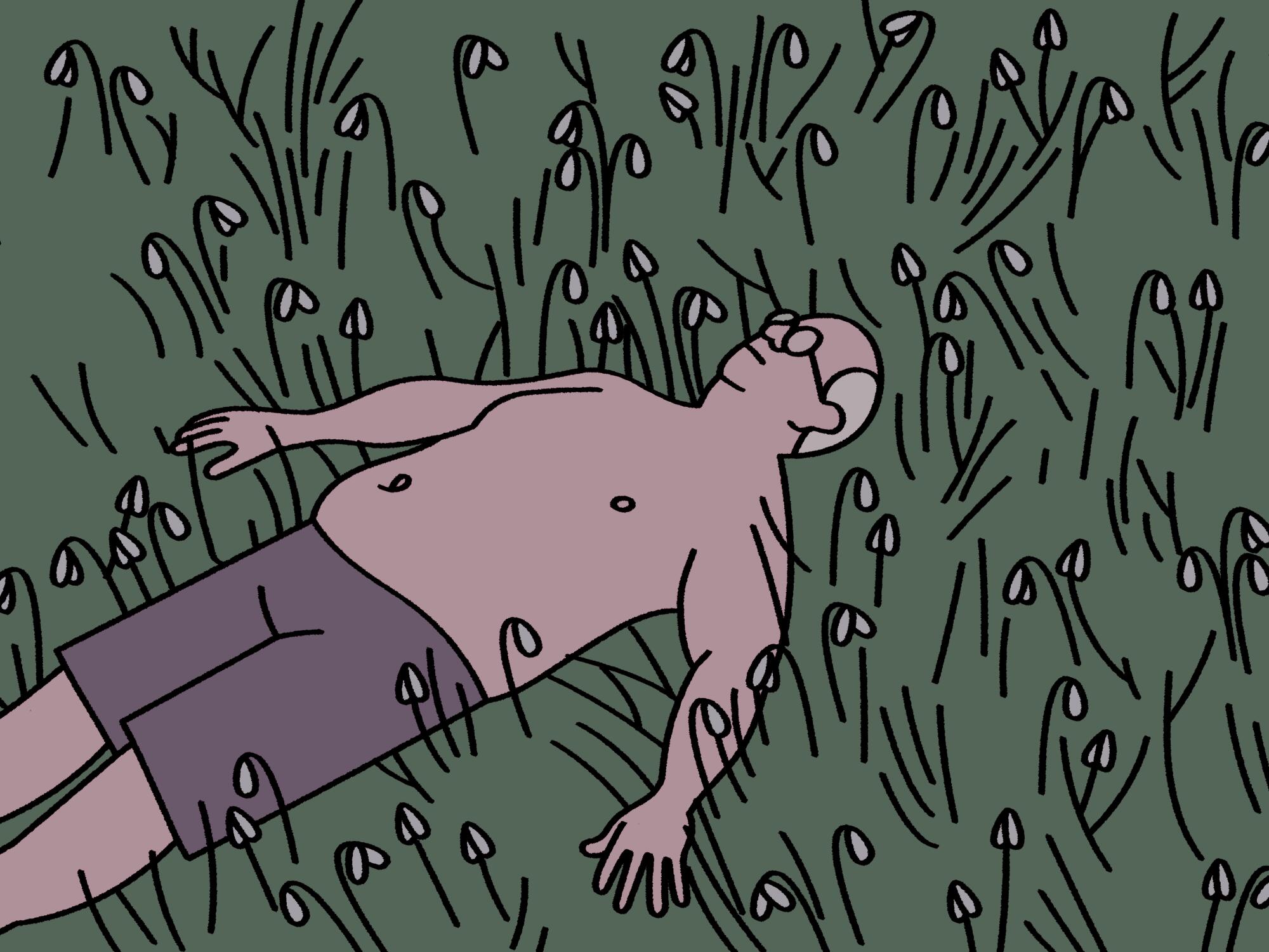 An older man lays shirtless on grass.