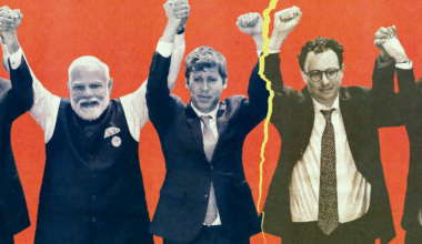 Four men in suits and traditional attire raise their joined hands in victory against an orange background, with a yellow tear separating two figures.