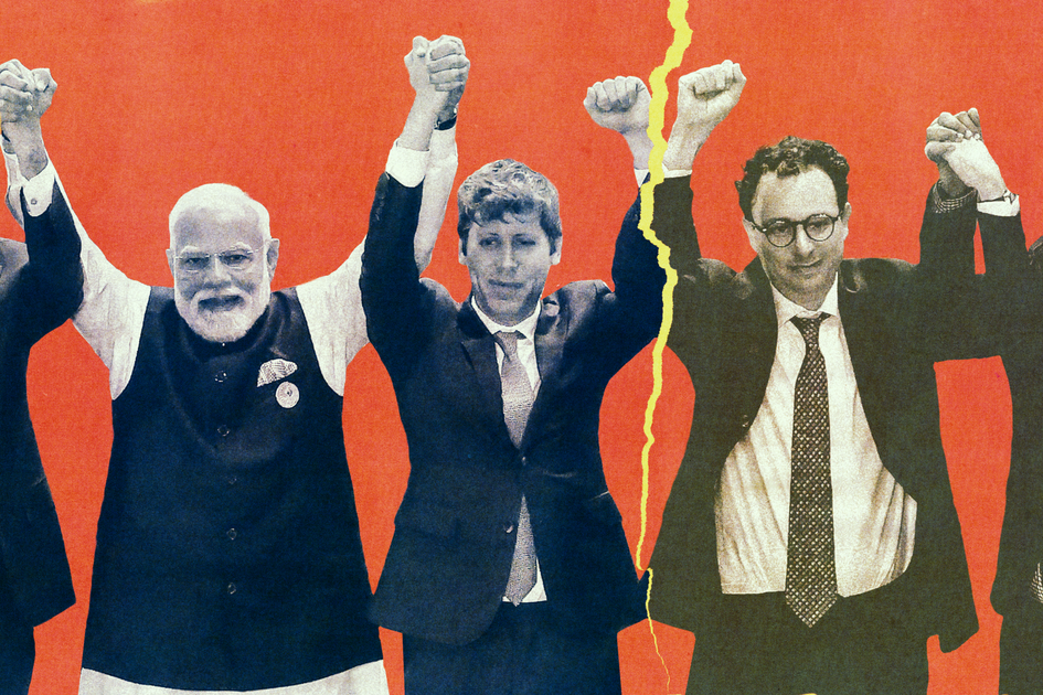 Four men in suits and traditional attire raise their joined hands in victory against an orange background, with a yellow tear separating two figures.