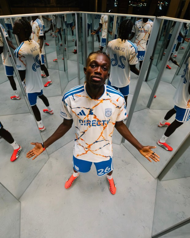 San Diego FC's Manu Duah shows off all angles of the team's new Unprecedented Unity kit. (San Diego FC)