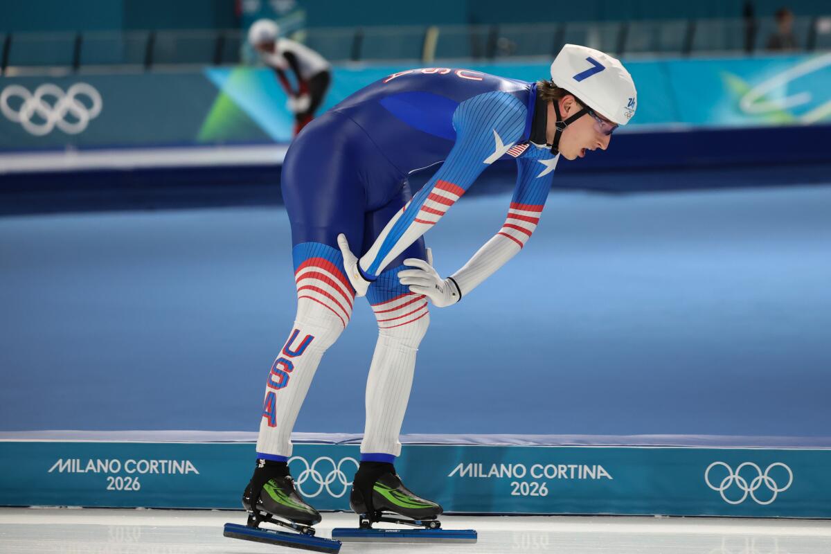 Jordan Stolz cools down after finishing fourth in the men's mass start finale Saturday at the Milan-Cortina Olympic Games.
