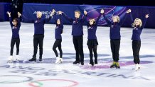 (Left to Right) Ellie Kam, Danny O'Shea, Madison Chock, Evan Bates, Alysa Liu, Ilia Malinin and Amber Glenn of Team United States perform in the Team Event routine during the Figure Skating Exhibition Gala.