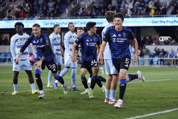 San Jose Earthquakes defender Daniel Munie (5) celebrates after scoring a goal in the first half during an MLS soccer match against Sporting Kansas City, Saturday, Feb. 21, 2026, in San Jose, Calif. (AP Photo/Lachlan Cunningham)