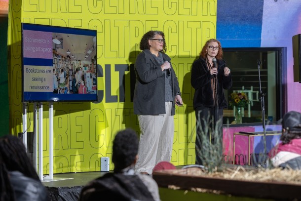 During Pitch Night, owners of Amatoria Fine Art Books Laurelin Gilmore (left) and Miranda Culp (right) present their new and improved business model. (Gilmore would later leave the business.) (Photo by Doug Cupid Photography, courtesy of CLTRE)
