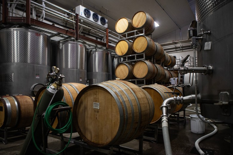 Rows of wooden wine barrels sit on metal racks inside a winery production room, surrounded by large stainless steel tanks, hoses, and industrial equipment.