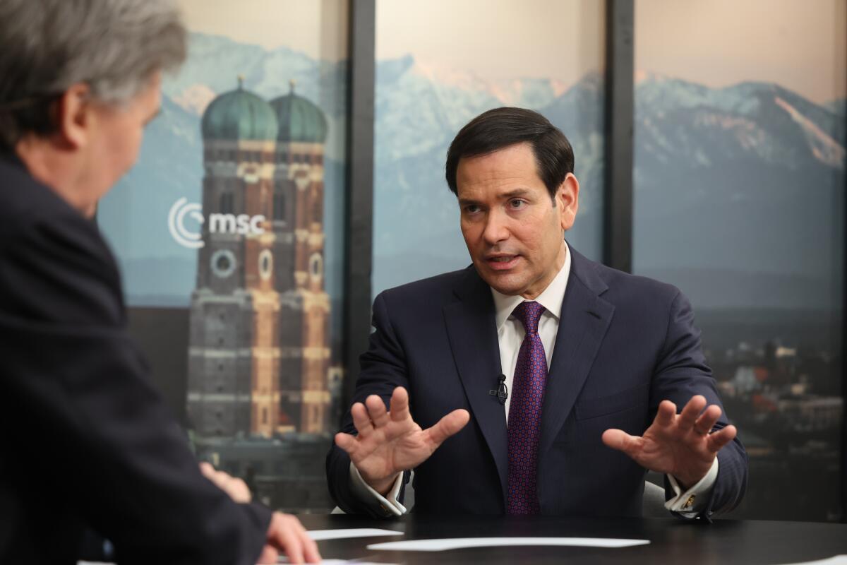 Secretary of State Marco Rubio speaks during a television interview.