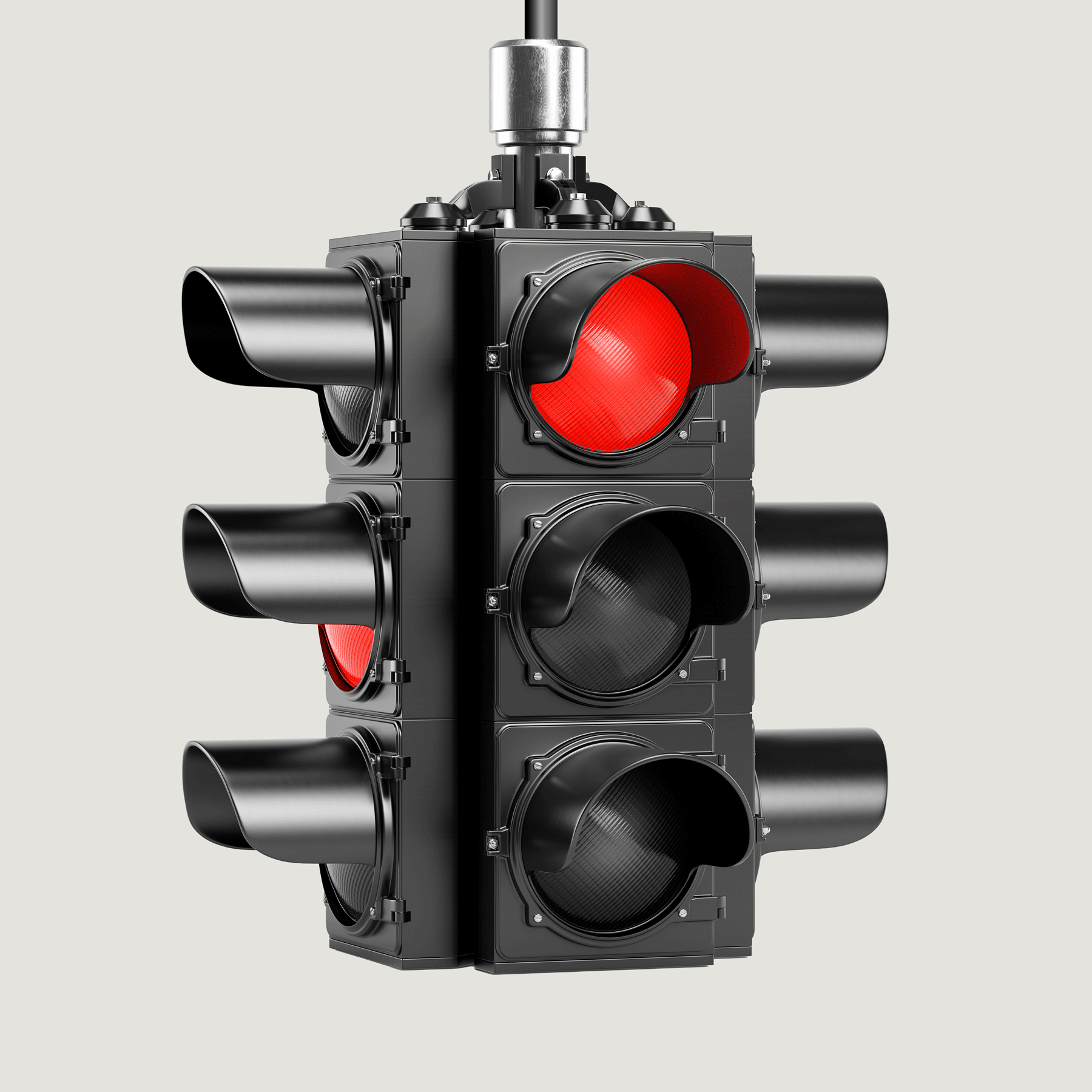 photo illustration of a traffic light chaotically blinking with all lights red