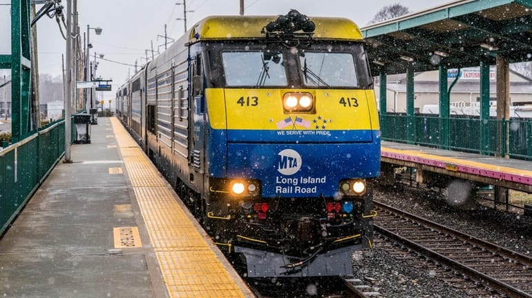 An eastbound train arrives at the Sayville LIRR station on Sunday.