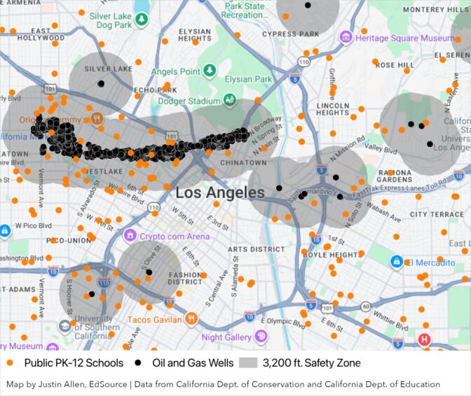 A screenshot of a map showing a cluster of black dots lined up in Los Angeles and yellow dots spread out.