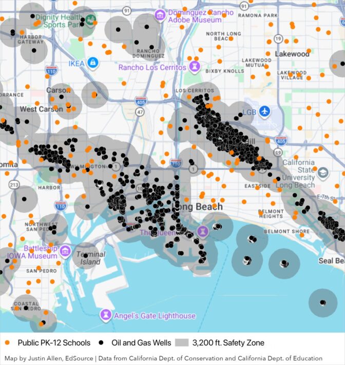 Two long clusters of black dots near a body of water on a map. Orange dots are spread around it.