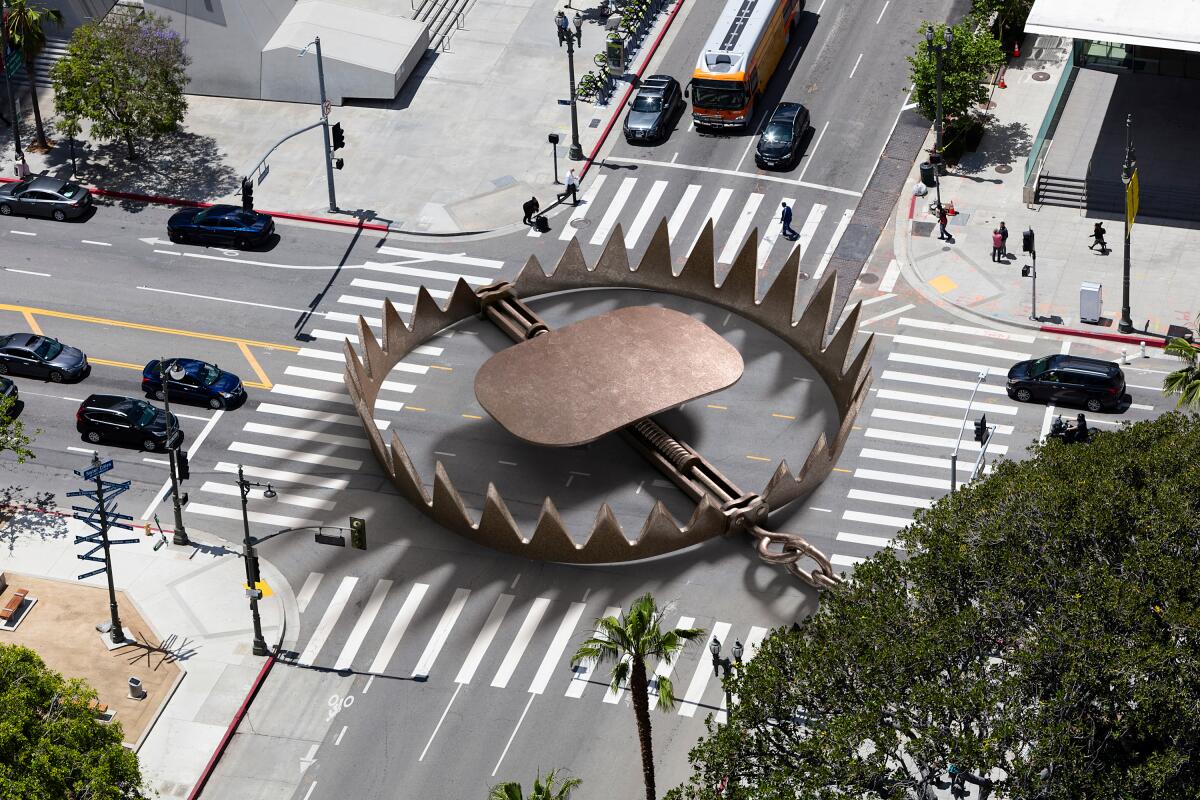 Photo illustration of a giant bear trap across a large intersection in downtown Los Angeles