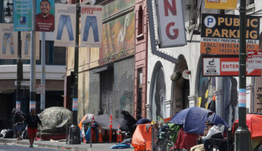 FILE - Tents line a sidewalk on Golden Gate Avenue in San Francisco, April 18, 2020. (AP Photo/Jeff Chiu, File)