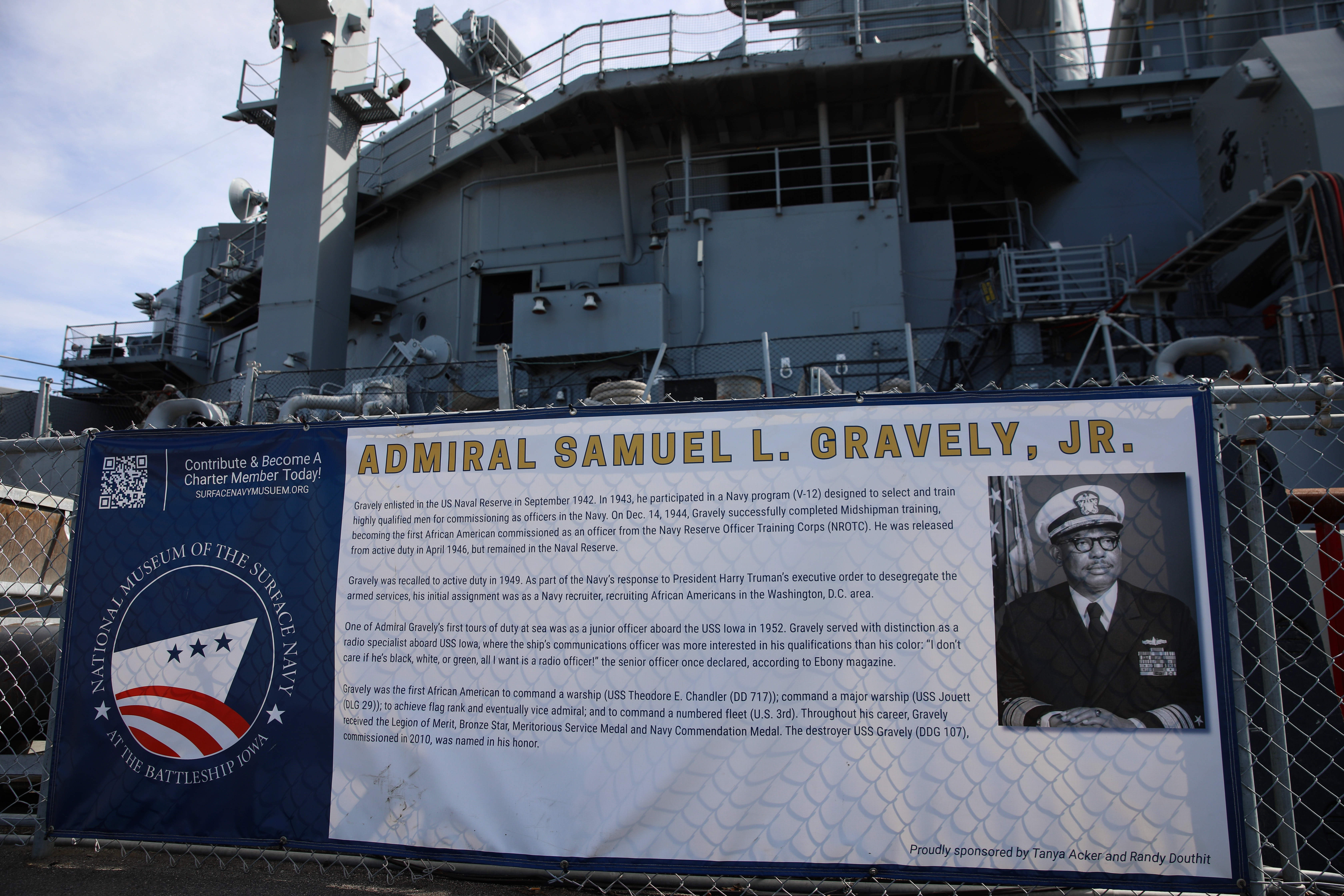 A banner at the entrance to the USS Iowa in...