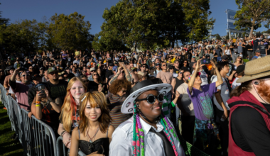 A diverse crowd of excited people enjoy an outdoor event, many smiling and taking photos, with trees and a clear sky in the background.
