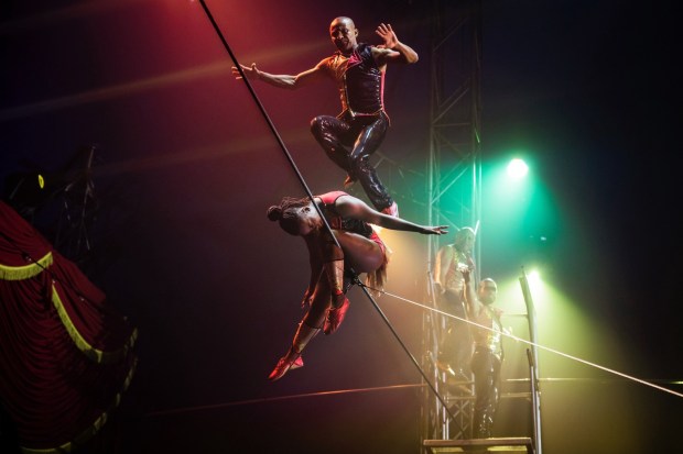 Acrobats perform high-level balancing acts at a Circus Vargas show. (Wednesday Aja)