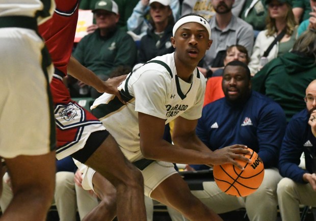Colorado State's JoJo McIver looks for an open teammate during the Rams' game against Fresno State on Tuesday at Moby Arena in Fort Collins. (Nathan Wright/Loveland Reporter-Herald)