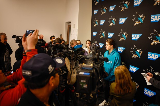 San Jose Sharks' Macklin Celebrini speaks about his experience representing Canada at the Olympics during a press conference at Tech CU Arena in San Jose, Calif., on Wednesday, Feb. 25, 2026. (Shae Hammond/Bay Area News Group)
