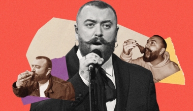 A man with a beard and earrings sings into a microphone, flanked by smaller images of him eating and drinking against a colorful background.