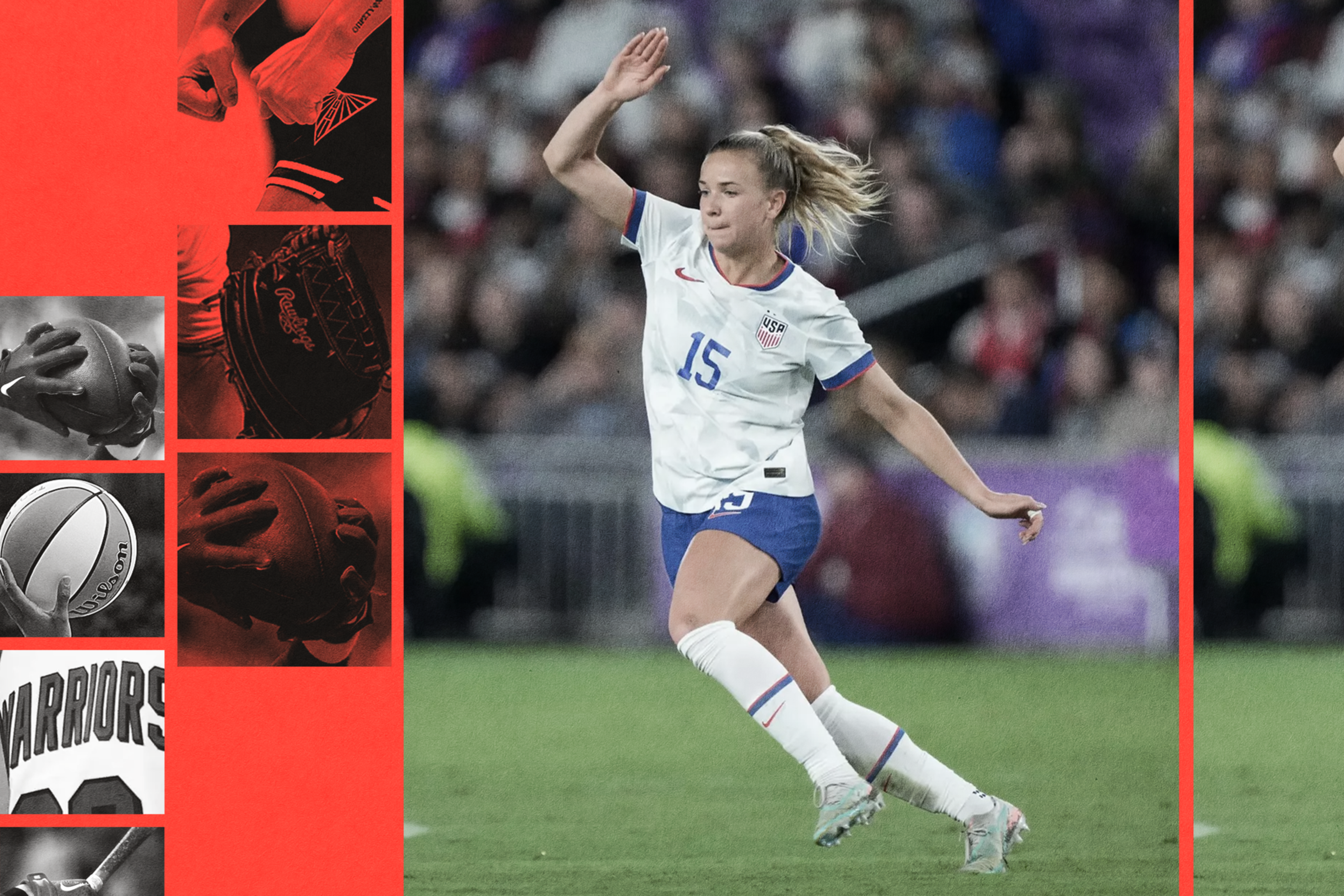 A female soccer player in a white USA jersey with number 15 is mid-stride on a grassy field, raising her right arm as she moves forward.