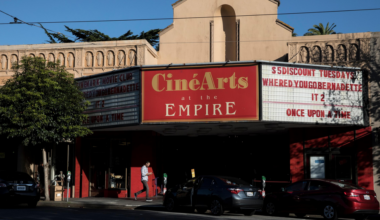 CinéArts at the Empire theater with a marquee promoting $5 discount Tuesdays and movies like "Where'd You Go Bernadette," "IT 2," and "Once Upon a Time."