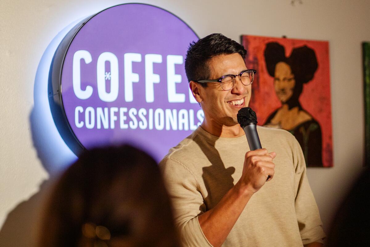 A comedian performs his set at Coffee Confessionals in Hollywood 