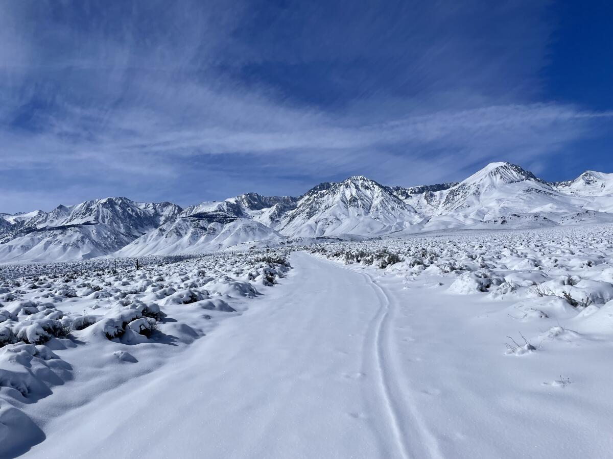 A view of snow and mountains near Big Pine, Calif.