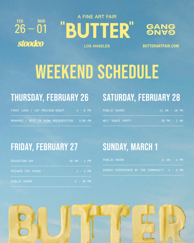 A poster for an art fair, blue background with yellow and white text, headline reads "A Fine Art Fair: Butter Los Angeles"