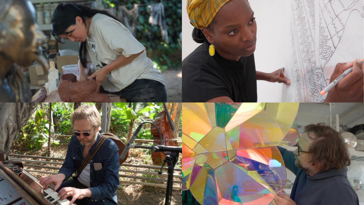 Clockwise from top left, artists Candice Lin, Njideka Akunyili Crosby, Tomás Saraceno and Ragnar Kjartansson.