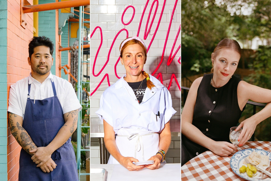 Three people are pictured: a tattooed man in a white shirt and blue apron, a smiling woman in a white chef coat, and a woman in a black dress sitting at a table with food and drink.