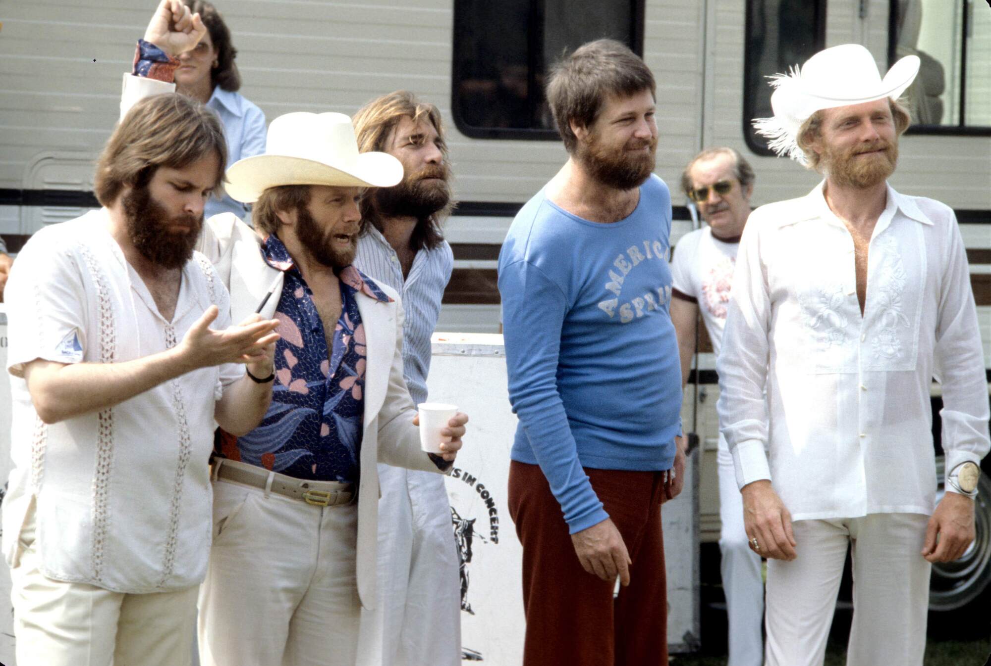 The Beach Boys backstage at New York's Central Park in 1977.