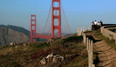A group of people stands on a fenced dirt path overlooking the iconic red Golden Gate Bridge with hills and a clear blue sky in the background.