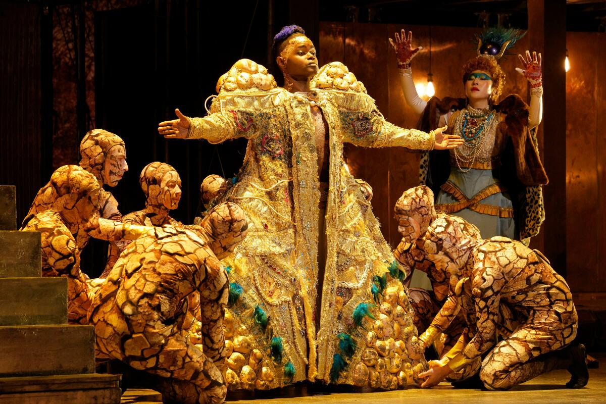 Actors onstage in an opera.