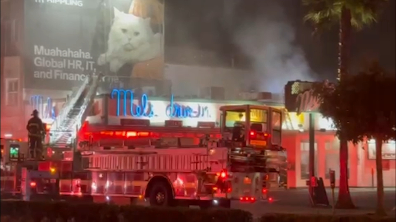 Fire breaks out at Mel's Drive-In diner on Lombard Street in San Francisco's Marina District