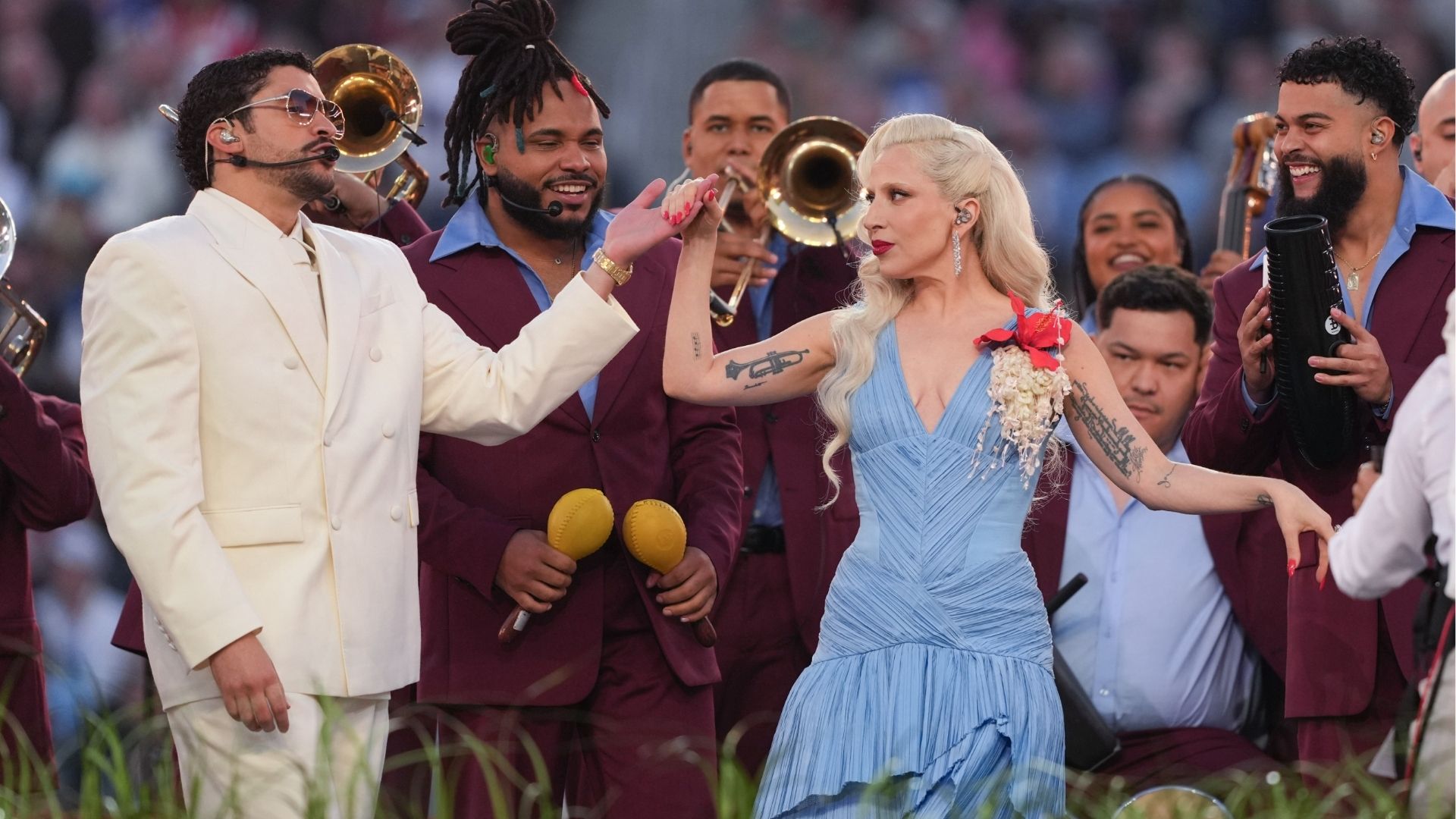 Bad Bunny and Lady Gaga perform during halftime of the NFL Super Bowl 60 football game between the New England Patriots and the Seattle Seahawks.