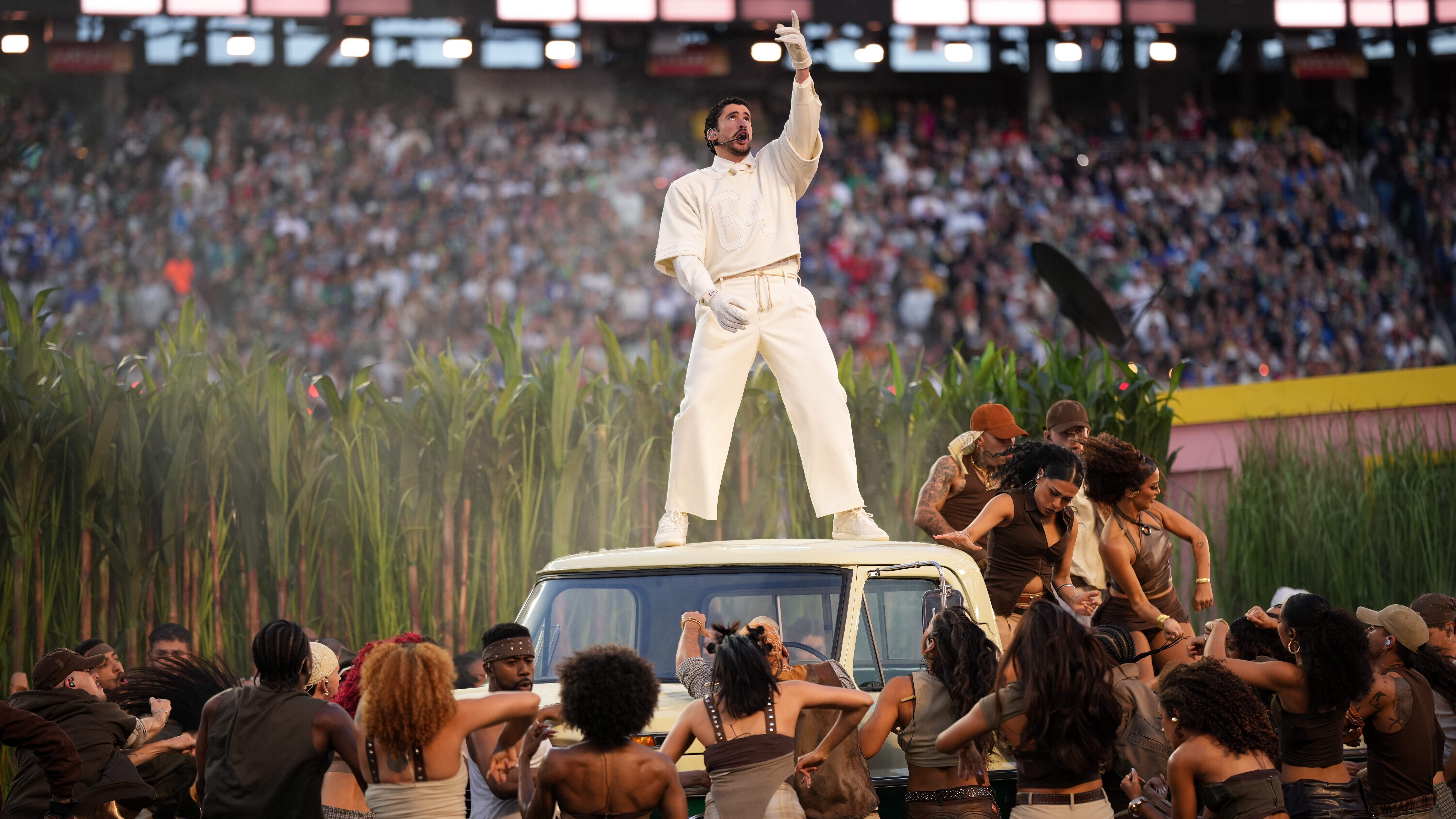 Bad Bunny performs during halftime of the NFL Super Bowl 60 football game between the New England Patriots and the Seattle Seahawks, Sunday, Feb. 8, 2026, in Santa Clara, Calif.