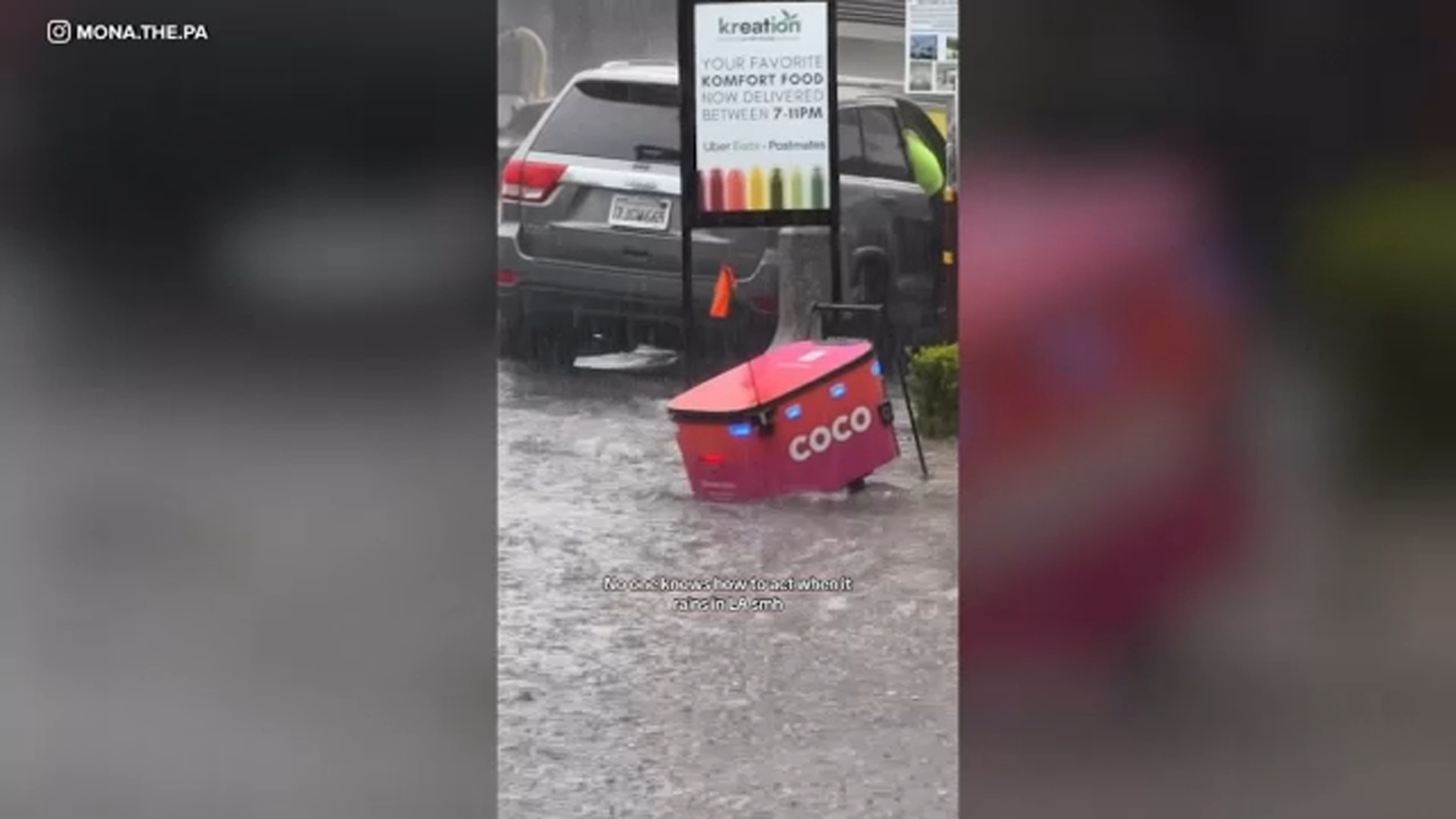 Video shows delivery robot struggle through flooded intersection in WeHo
