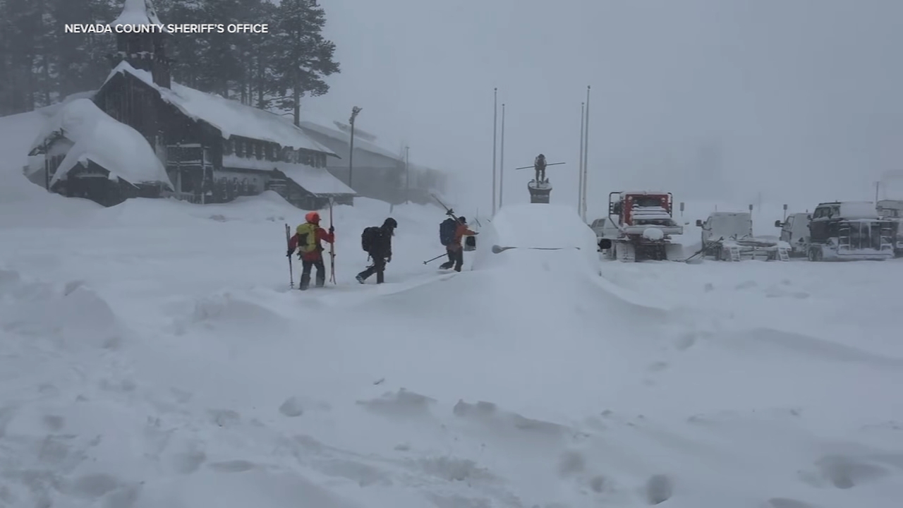This image provided by the Nevada County Sheriff's Office shows members of a rescue team in Soda Springs, California on Tuesday, Feb. 17, 2026.