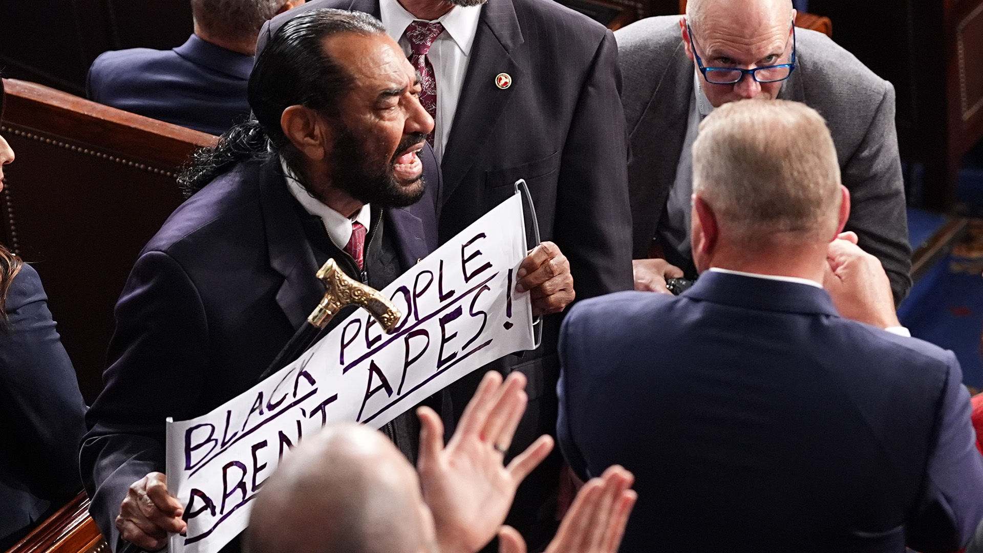 Rep. Al Green, D-Texas, is escorted out President Donald Trump delivers the State of the Union address at the U.S. Capitol in Washington, Tuesday, Feb. 24, 2026.