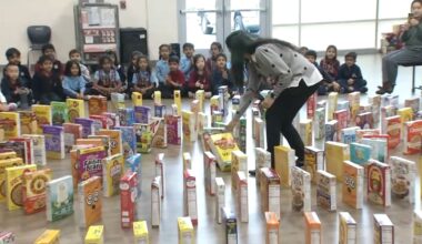 Stratford School's Beresford Square campus in Milpitas holds domino run with hundreds of cereal boxes during donation drive