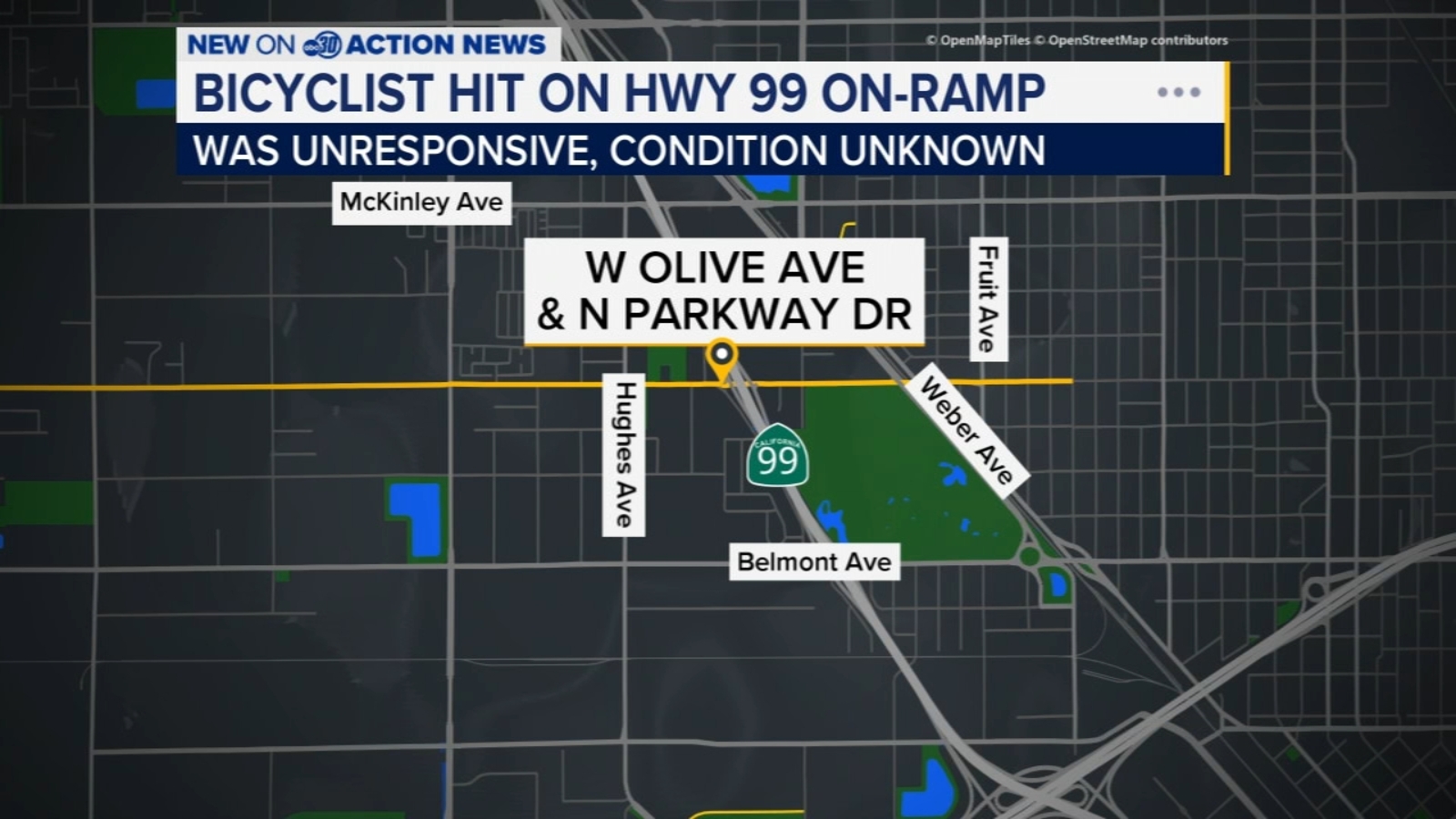 Bicyclist hospitalized after being hit by vehicle near Highway 99 in West Central Fresno