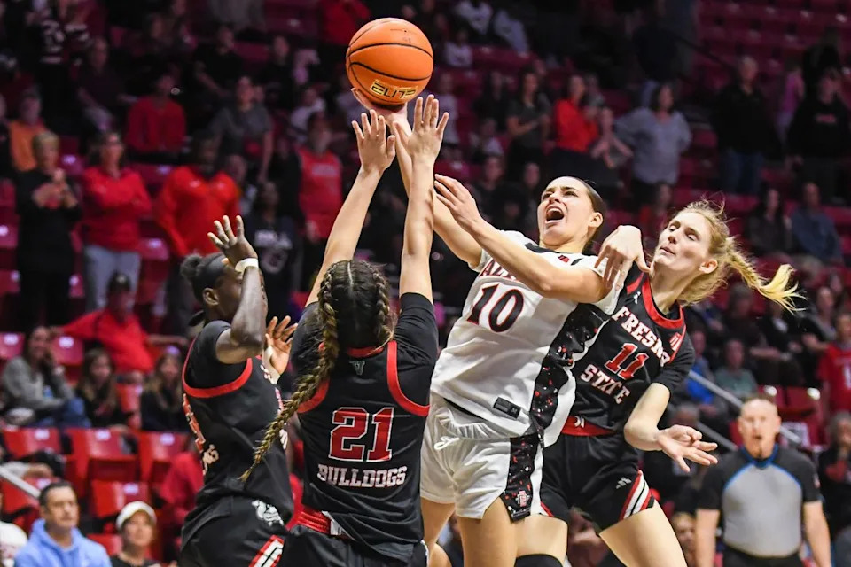 SDSU guard Nat Martinez (10) shoots the ball during an NCAA Women’s Basketball game against Fresno State Saturday February 21, 2026 in San Diego, California.