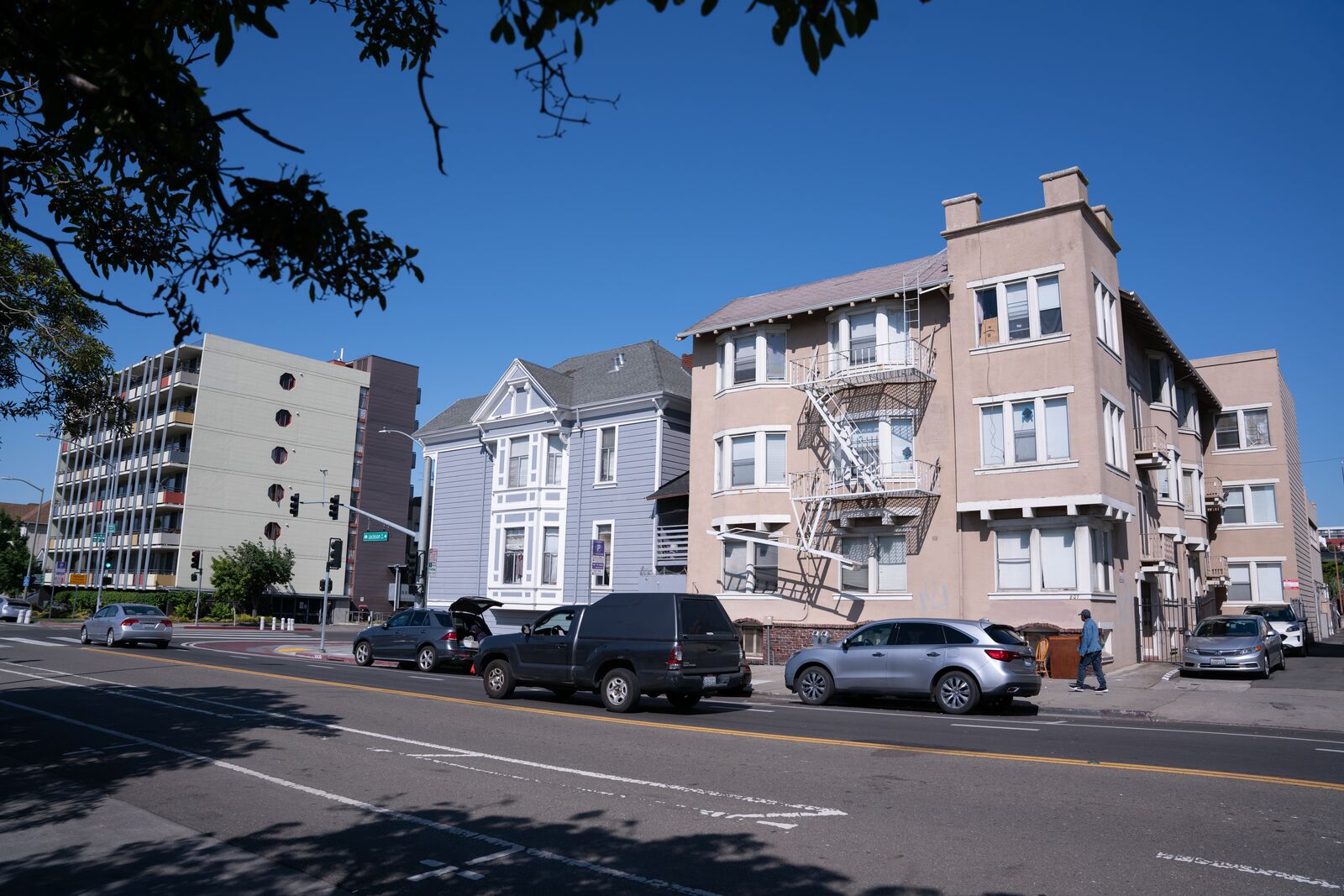 Three different types of apartment buildings in Oakland Chinatown.