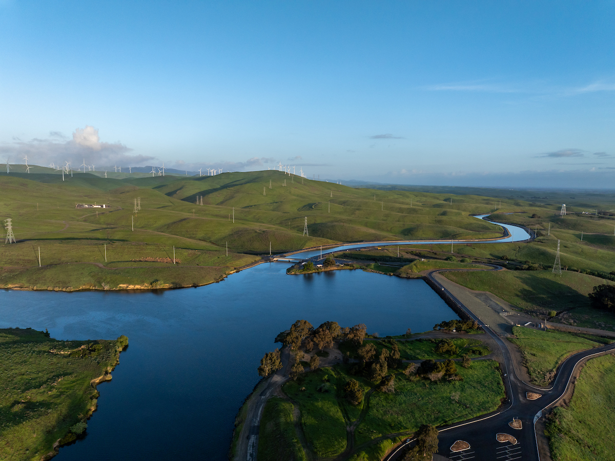 A drone view of the Bethany Reservoir, impounded by five dams in Alameda County, serves as a forebay for the South Bay Pumping Plant and afterbay for Banks Pumping Plant. Photo taken March 28, 2024.