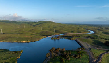 A drone view of the Bethany Reservoir, impounded by five dams in Alameda County, serves as a forebay for the South Bay Pumping Plant and afterbay for Banks Pumping Plant. Photo taken March 28, 2024.