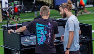 Griffin Law (right) handles the Mandarins’ lead engineering duties and manages the production staff for live performances.