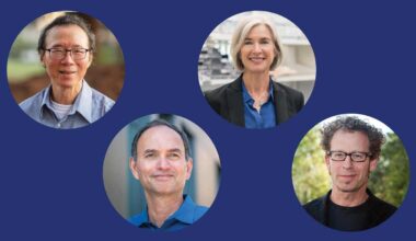 Four circular headshots against a dark blue background.