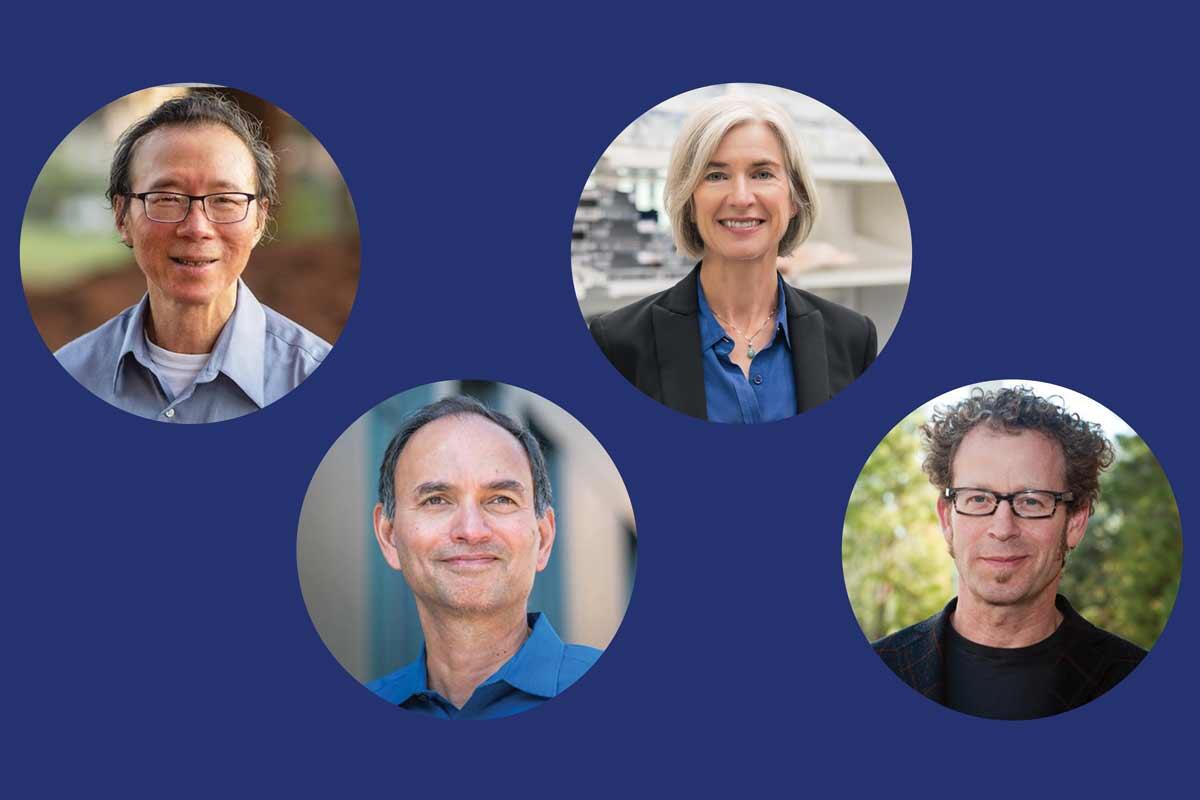 Four circular headshots against a dark blue background.