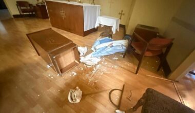 A statue of the Blessed Virgin Mary is seen destroyed at Holy Innocents Catholic School in Long Beach, California, Monday, Feb. 2, 2026.