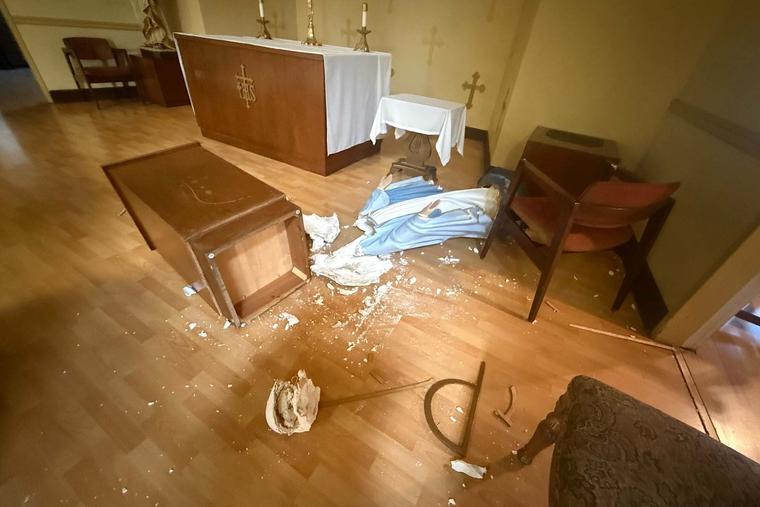A statue of the Blessed Virgin Mary is seen destroyed at Holy Innocents Catholic School in Long Beach, California, Monday, Feb. 2, 2026.