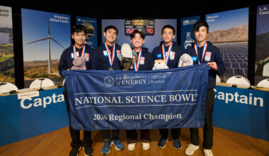North Hollywood High School team members holding 1st place trophy for LADWP Regional Science Bowl